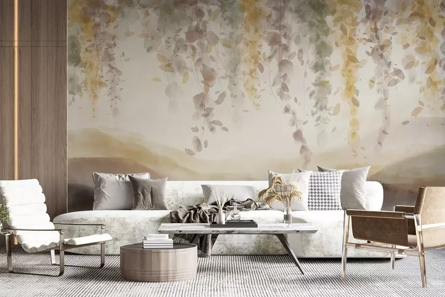 wall murals Wisteria leaves hanging over blured mountains, soft pastel yellow and brown colors, watercolor style landscape w08909v1