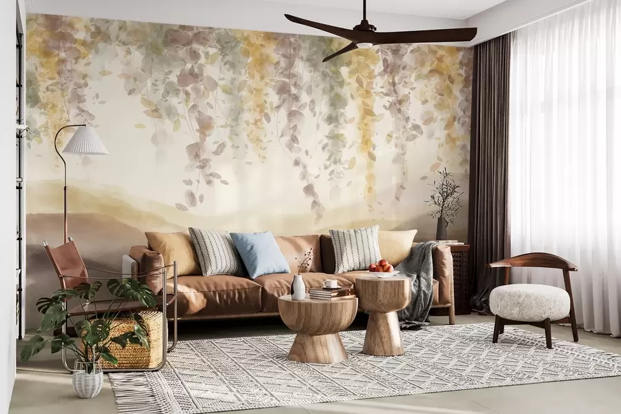 wall murals Wisteria leaves hanging over blured mountains, soft pastel yellow and brown colors, watercolor style landscape w08909v1