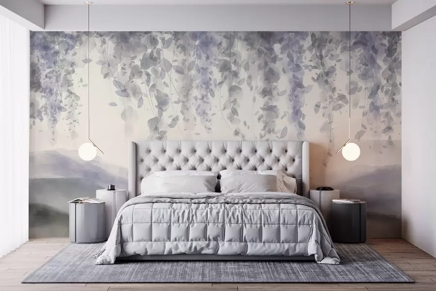 wall murals Wisteria leaves hanging over blured mountains, soft pastel blue and gray colors, watercolor style landscape w08909