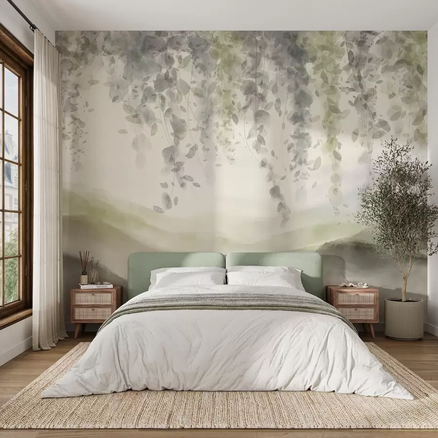 wall murals Wisteria leaves hanging over blured mountains, soft pastel green and beige colors, watercolor style landscape w08909v2