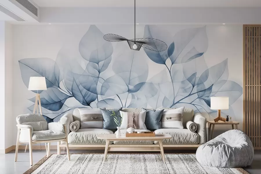wall murals Watercolor painting of translucent leaves in pastel colors, with shades of white and blue w08910v1