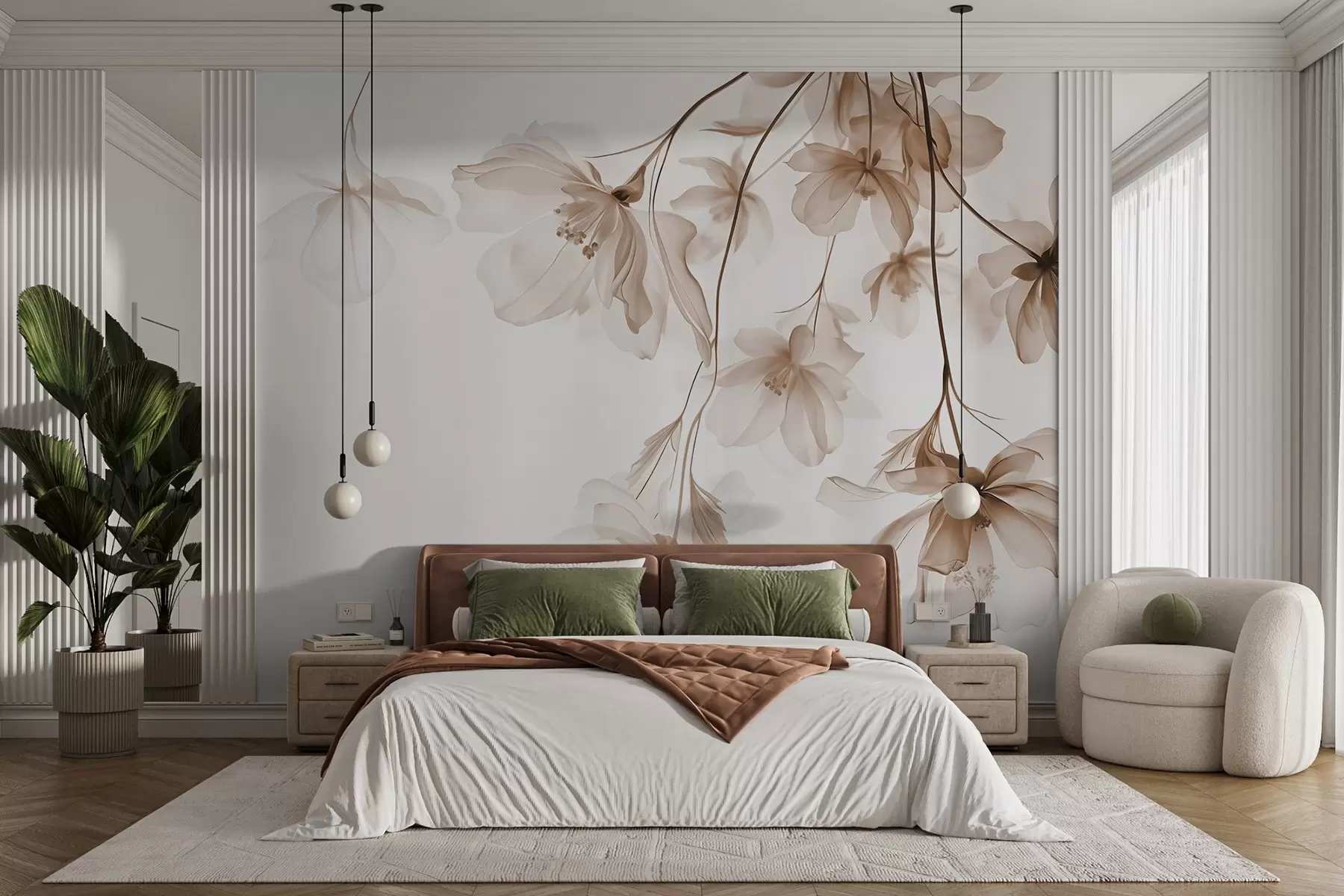 wall murals Beige flowers with translucent petals hanging from a branch, beige and white, minimalist modern art composition w08911v1