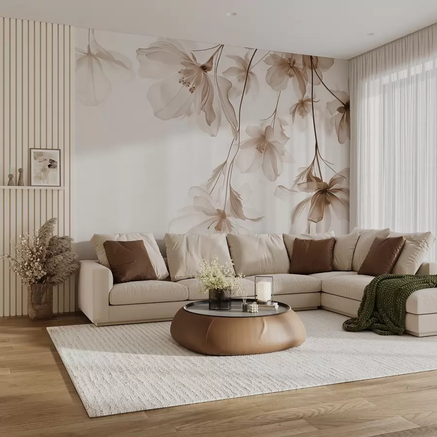 wall murals Beige flowers with translucent petals hanging from a branch, beige and white, minimalist modern art composition w08911v1