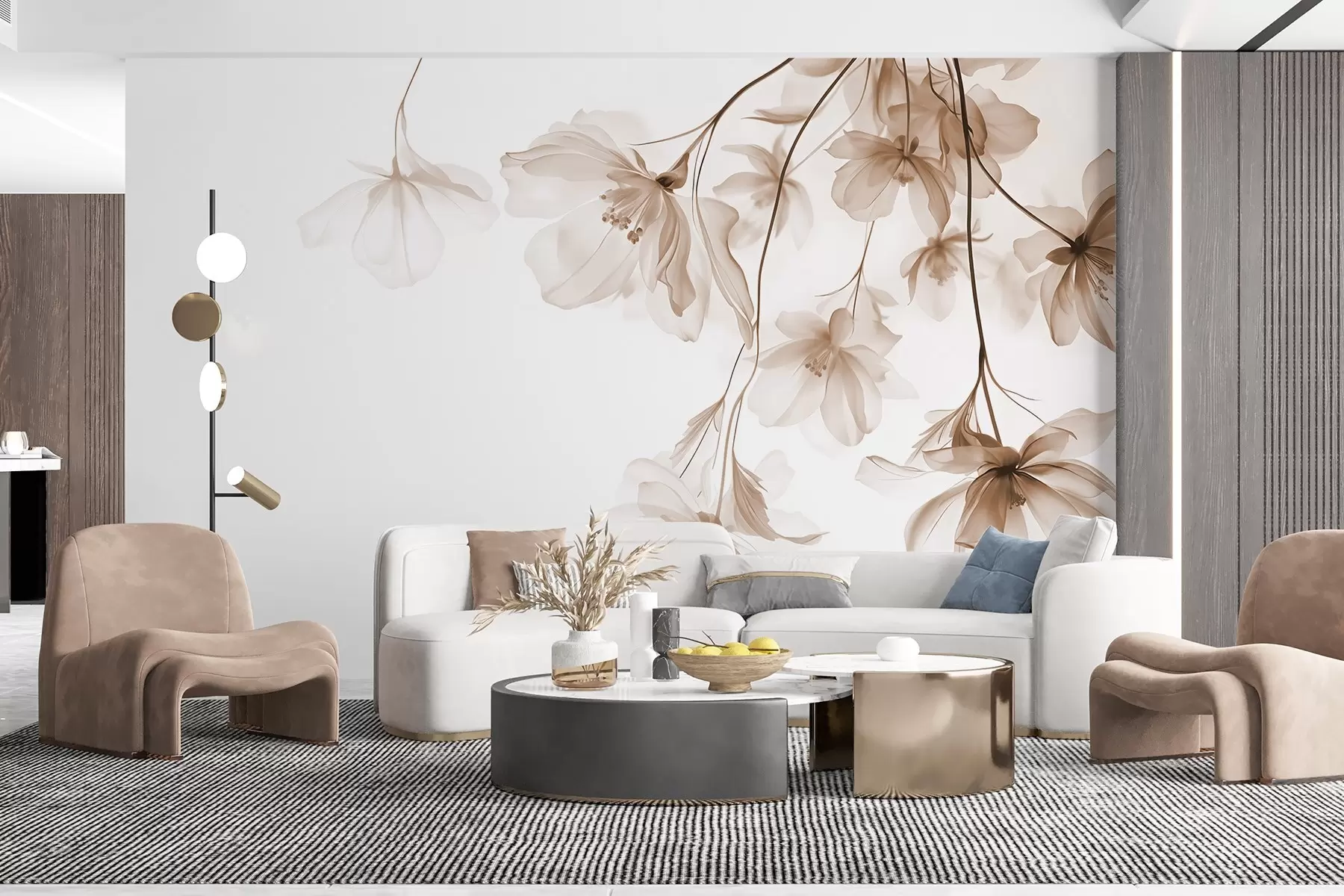 wall murals Beige flowers with translucent petals hanging from a branch, beige and white, minimalist modern art composition w08911v1