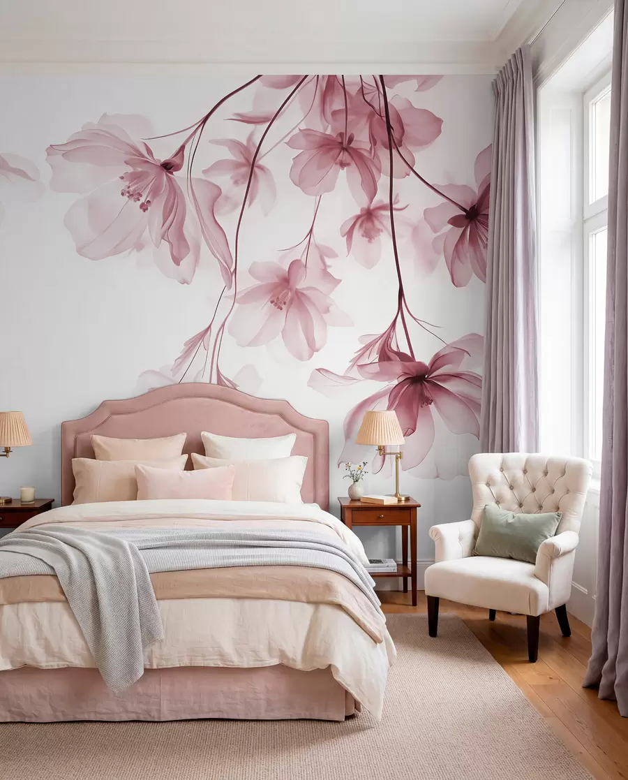 wall murals Pink flowers with translucent petals hanging from a branch, pink and white, minimalist modern art composition w08911v2