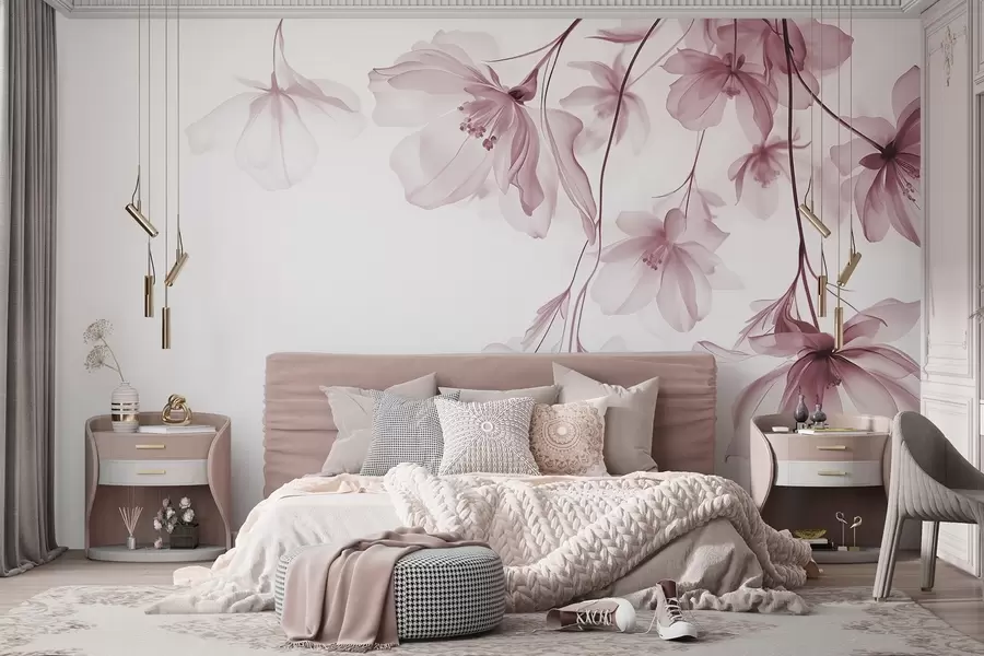 wall murals Pink flowers with translucent petals hanging from a branch, pink and white, minimalist modern art composition w08911v2