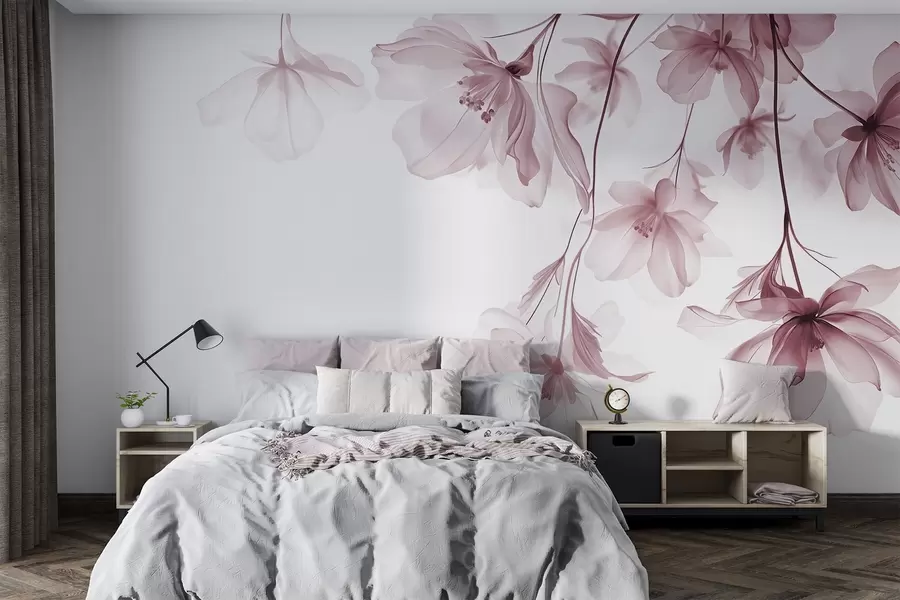 wall murals Pink flowers with translucent petals hanging from a branch, pink and white, minimalist modern art composition w08911v2