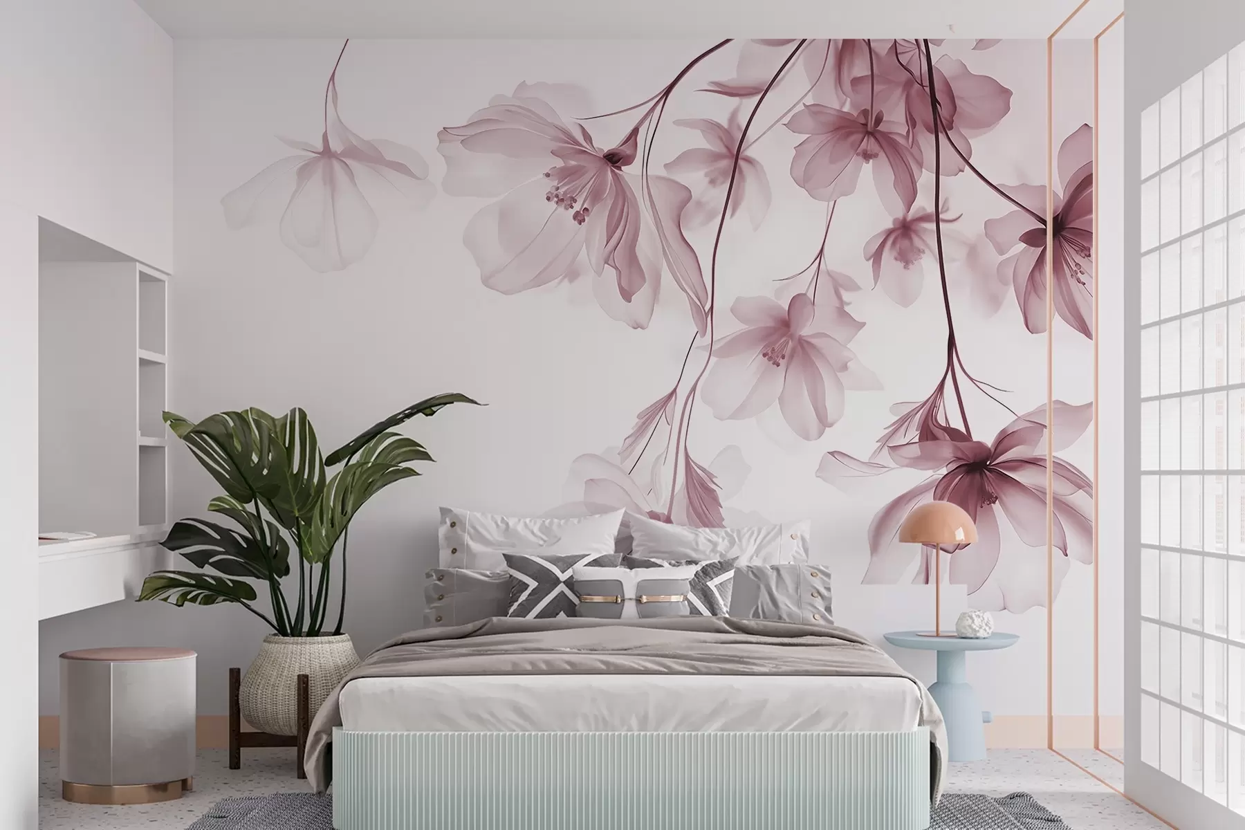 wall murals Pink flowers with translucent petals hanging from a branch, pink and white, minimalist modern art composition w08911v2