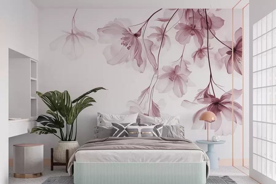 wall murals Pink flowers with translucent petals hanging from a branch, pink and white, minimalist modern art composition w08911v2
