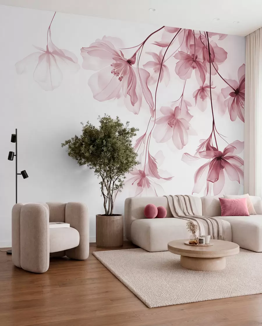 wall murals Pink flowers with translucent petals hanging from a branch, pink and white, minimalist modern art composition w08911v2
