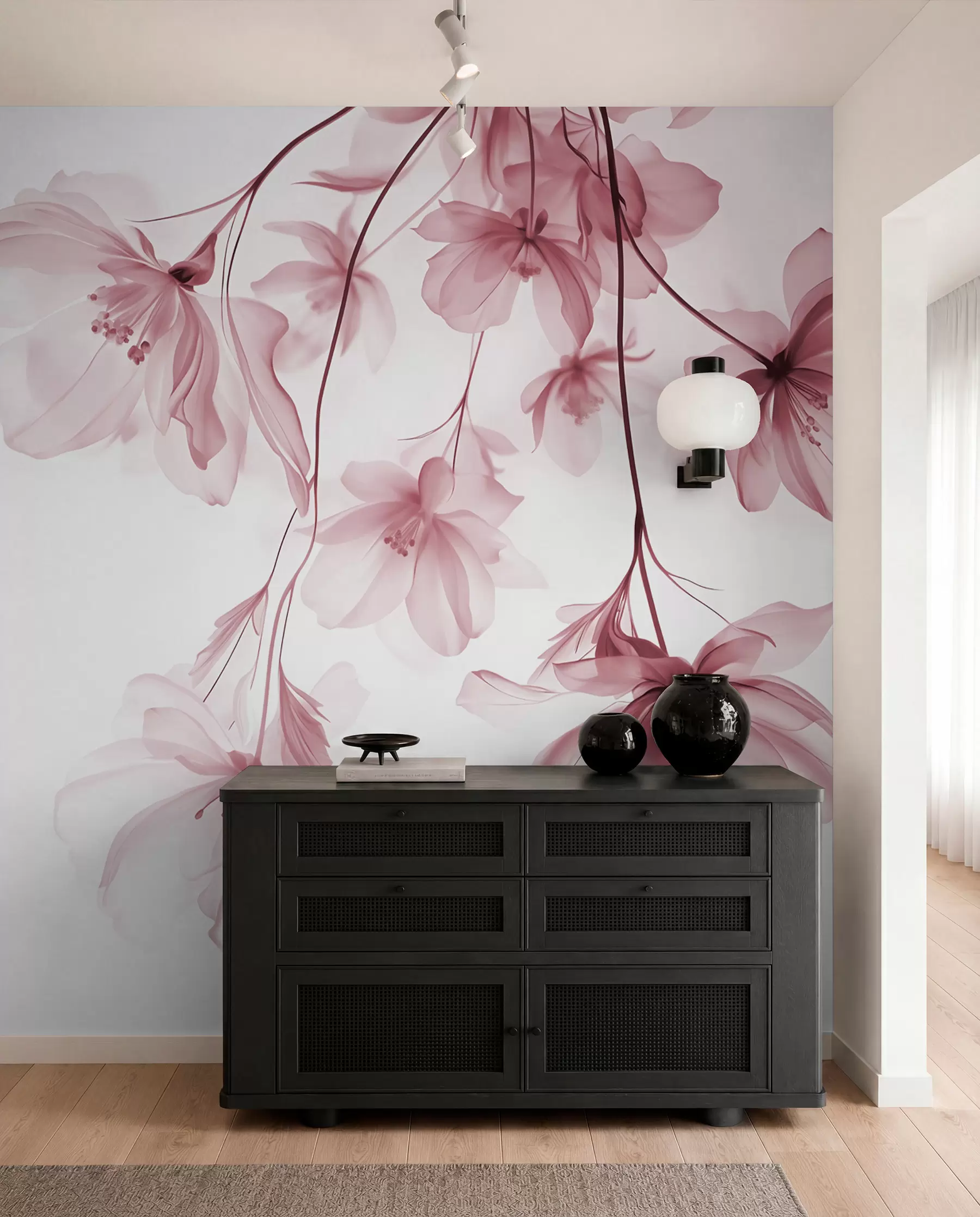 wall murals Pink flowers with translucent petals hanging from a branch, pink and white, minimalist modern art composition w08911v2