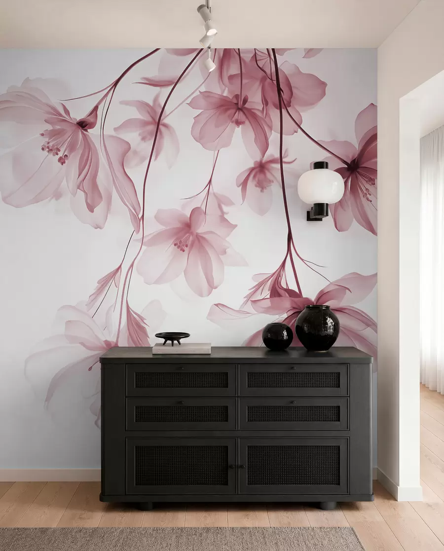 wall murals Pink flowers with translucent petals hanging from a branch, pink and white, minimalist modern art composition w08911v2