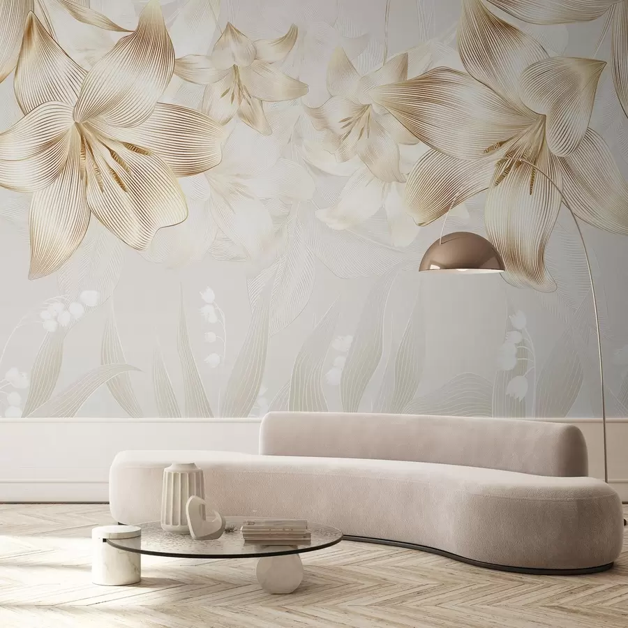 wall murals Yellow lilies with intricate line details, elegant floral arrangement, neutral color palette w08912