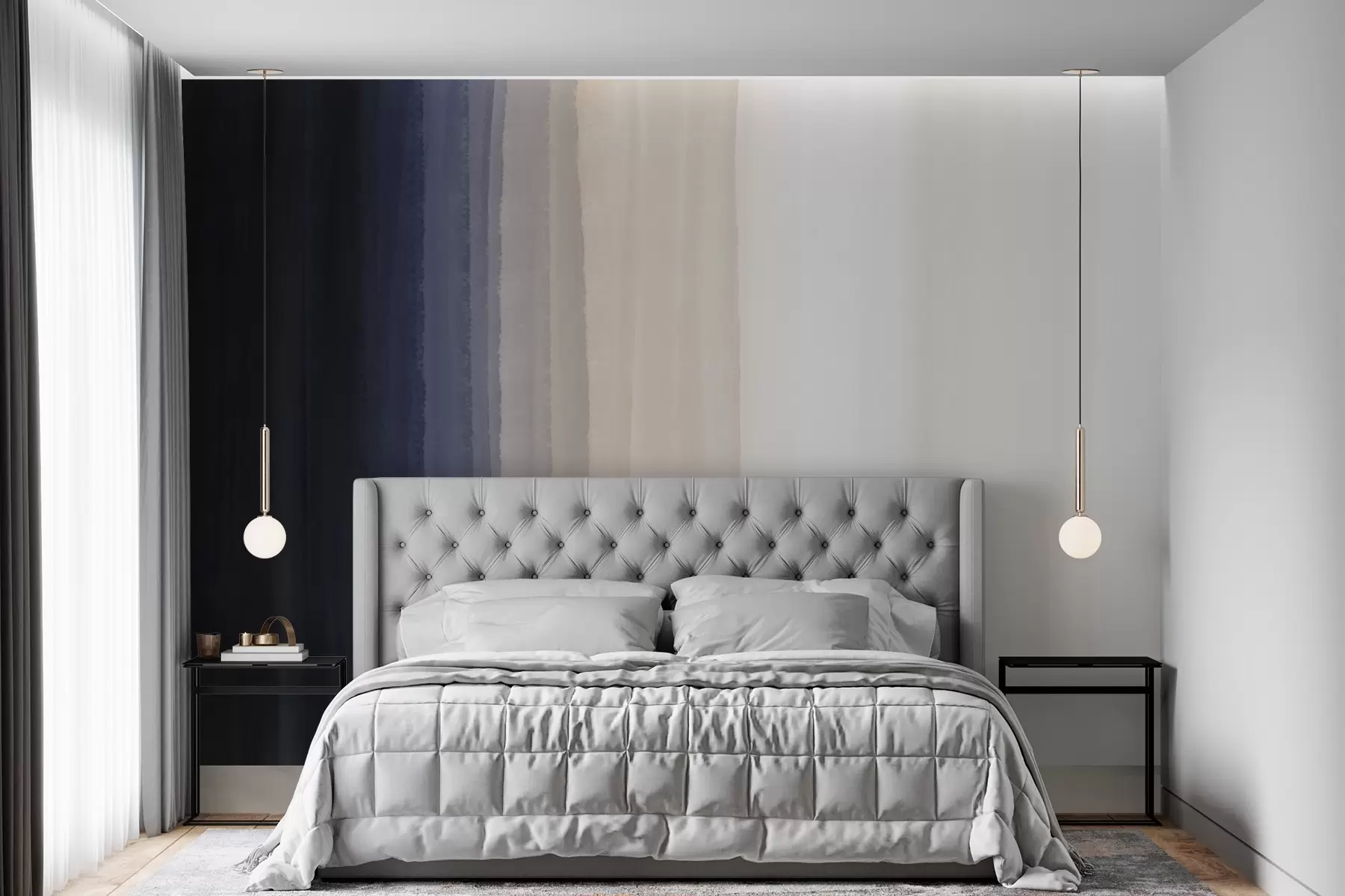 wall murals Abstract minimalistic gradient print with vertical stripes of dark blue, light peach and white w08915v1