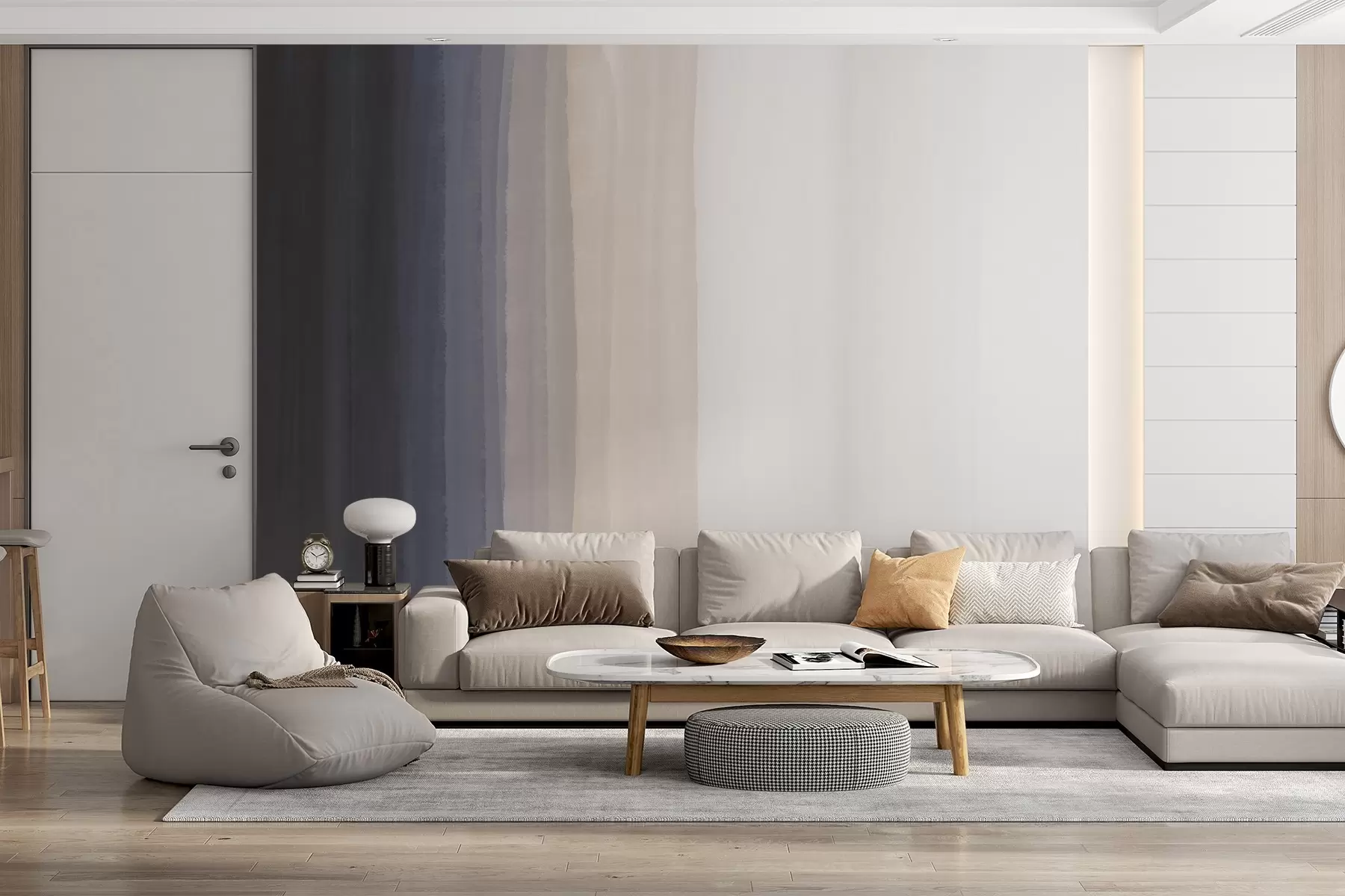 wall murals Abstract minimalistic gradient print with vertical stripes of dark blue, light peach and white w08915v1