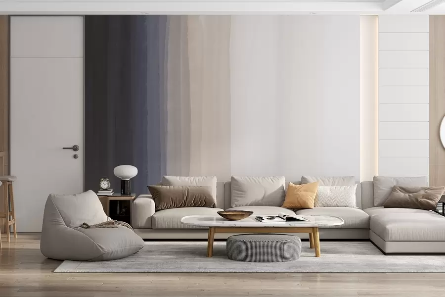 wall murals Abstract minimalistic gradient print with vertical stripes of dark blue, light peach and white w08915v1
