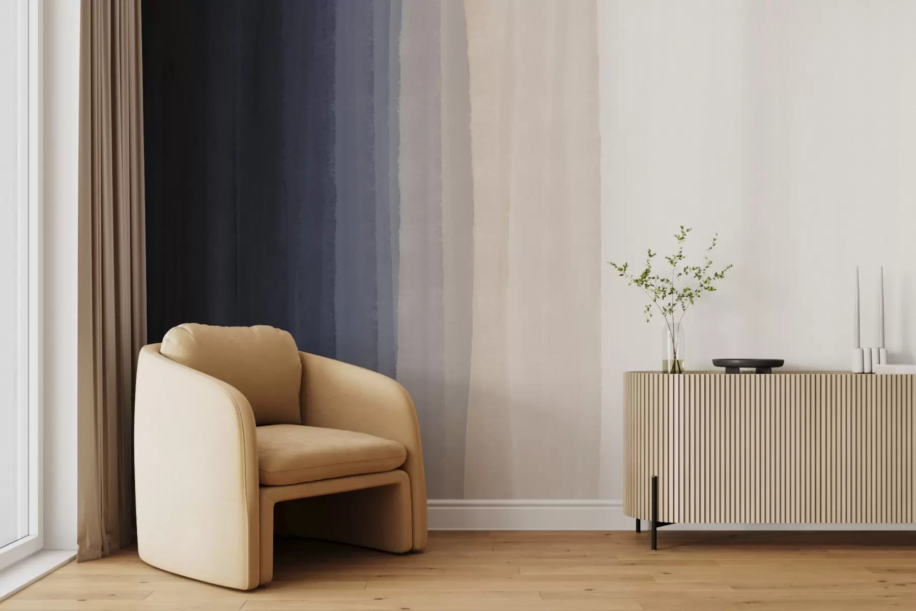 wall murals Abstract minimalistic gradient print with vertical stripes of dark blue, light peach and white w08915v1