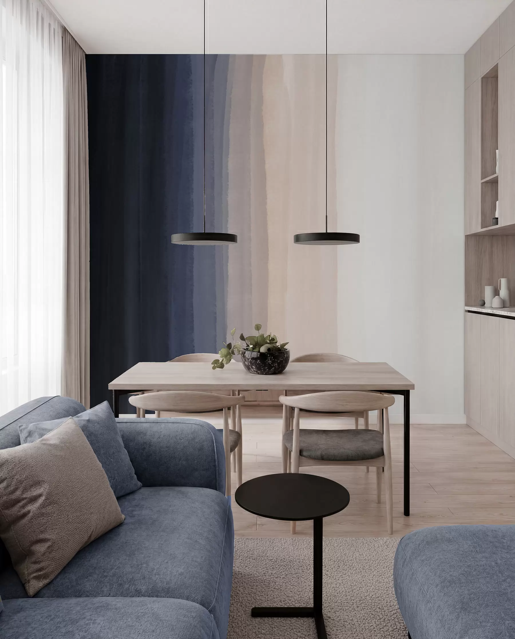 wall murals Abstract minimalistic gradient print with vertical stripes of dark blue, light peach and white w08915v1