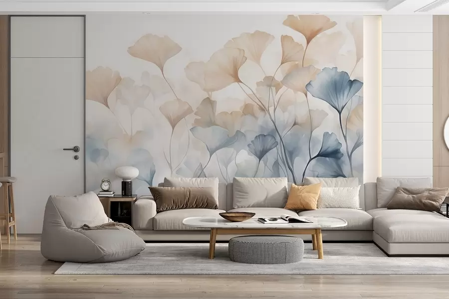 wall murals Ginkgo leaves in blue and orange watercolor, translucent petals, delicate stems, soft color palette w08917
