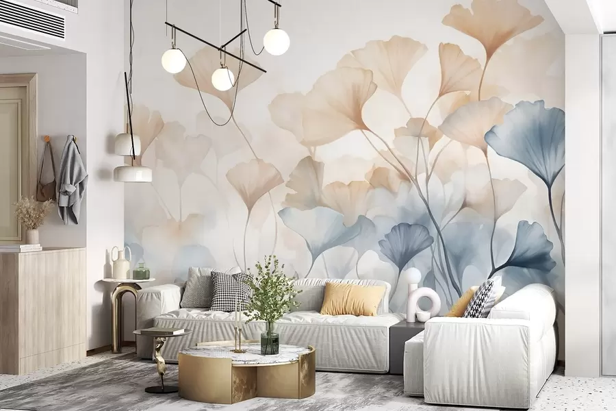 wall murals Ginkgo leaves in blue and orange watercolor, translucent petals, delicate stems, soft color palette w08917
