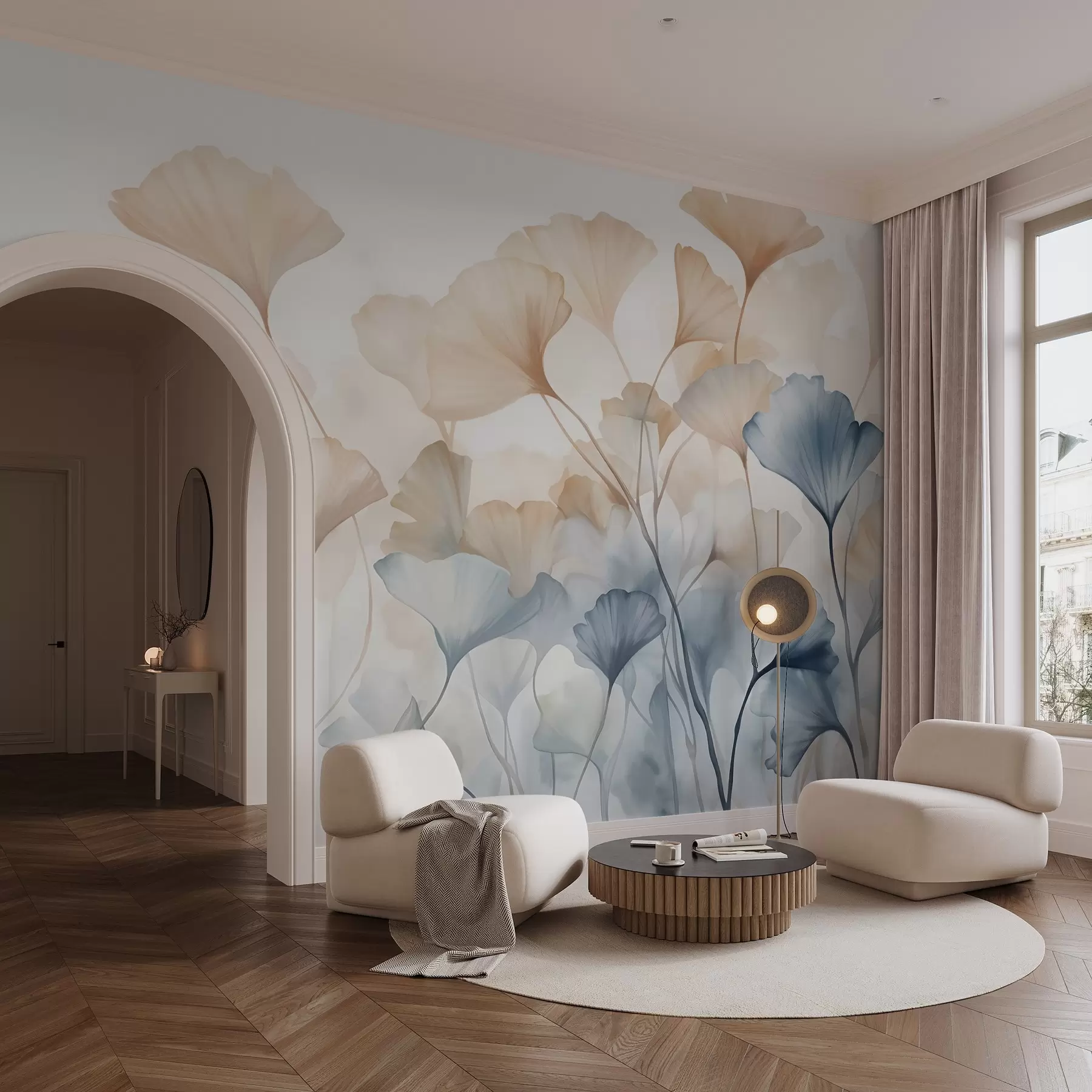 wall murals Ginkgo leaves in blue and orange watercolor, translucent petals, delicate stems, soft color palette w08917