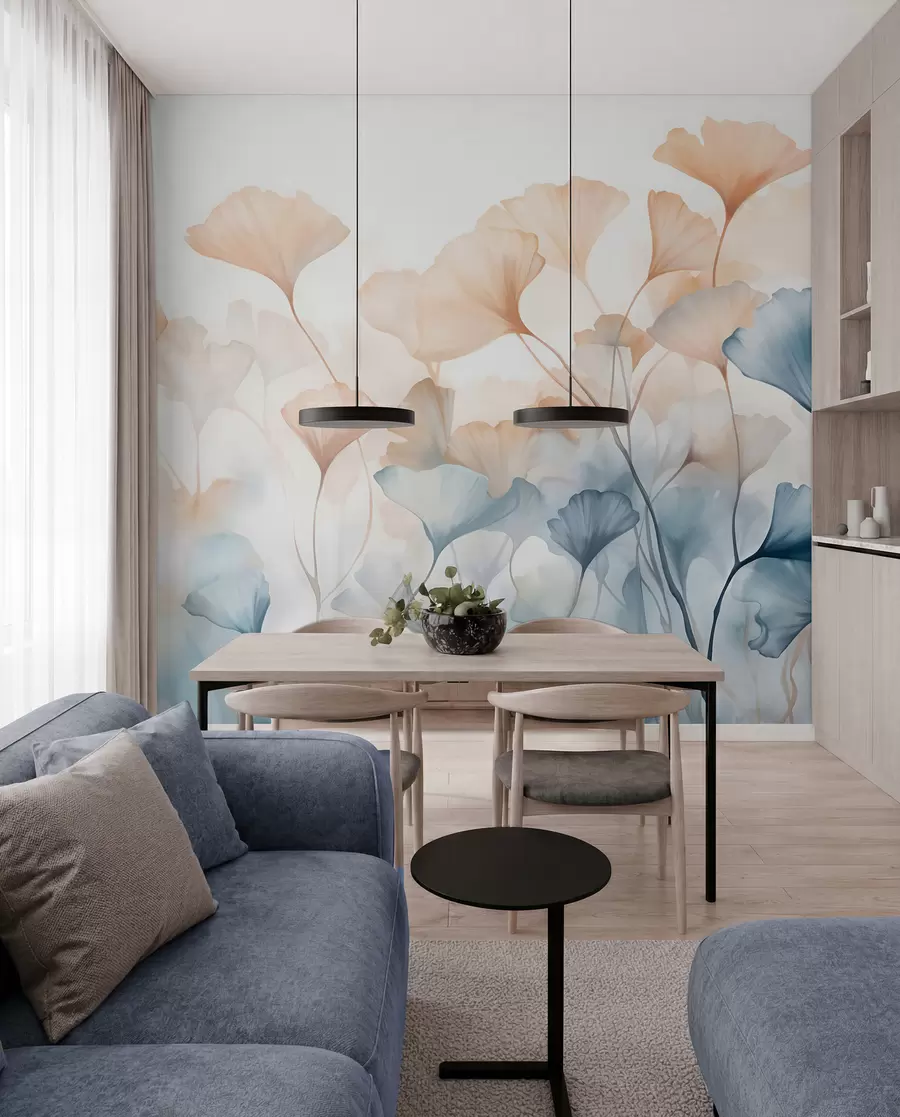 wall murals Ginkgo leaves in blue and orange watercolor, translucent petals, delicate stems, soft color palette w08917