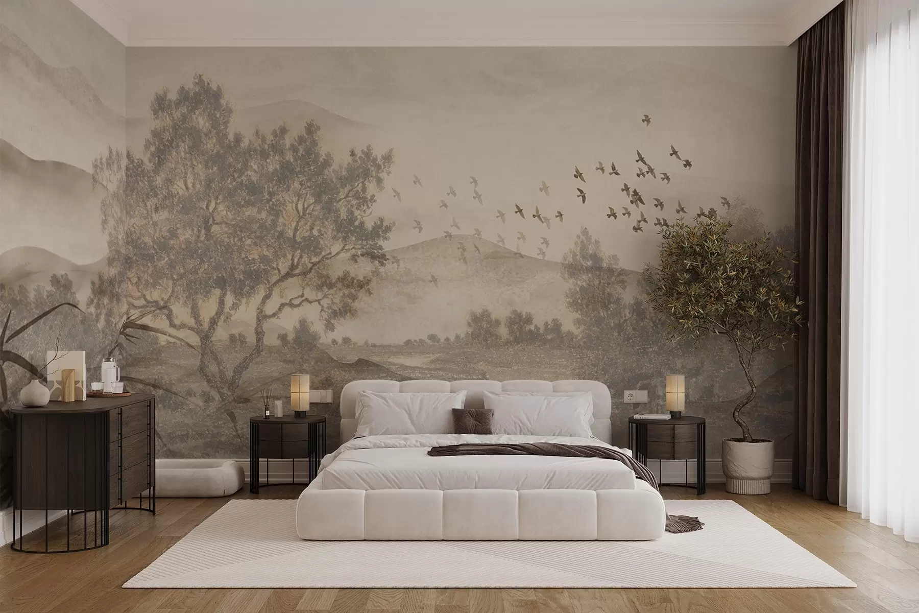 wall murals Textured vintage landscape with a tree near river and a cloudy sky, nature art in sepia tones w08920