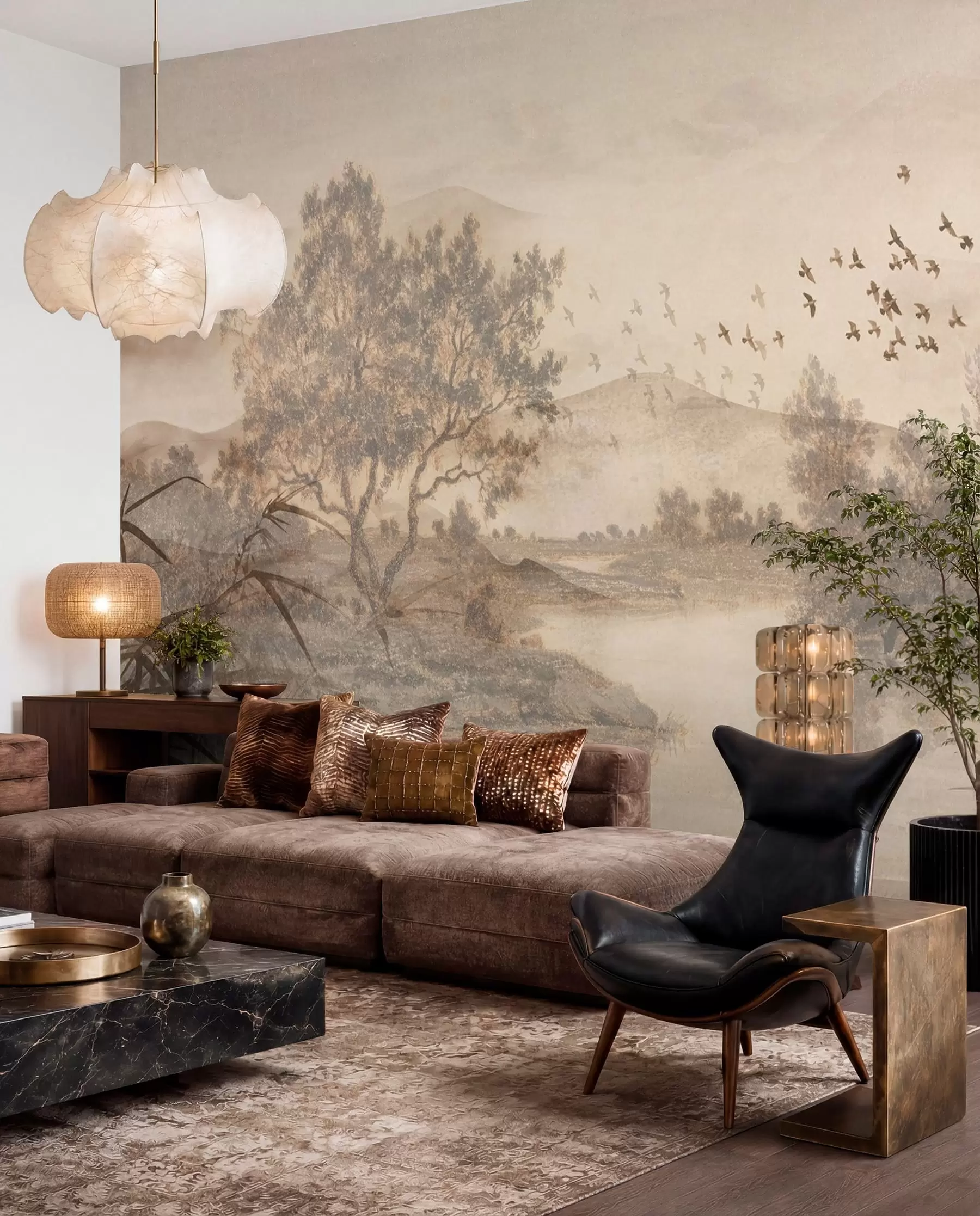 wall murals Textured vintage landscape with a tree near river and a cloudy sky, nature art in sepia tones w08920
