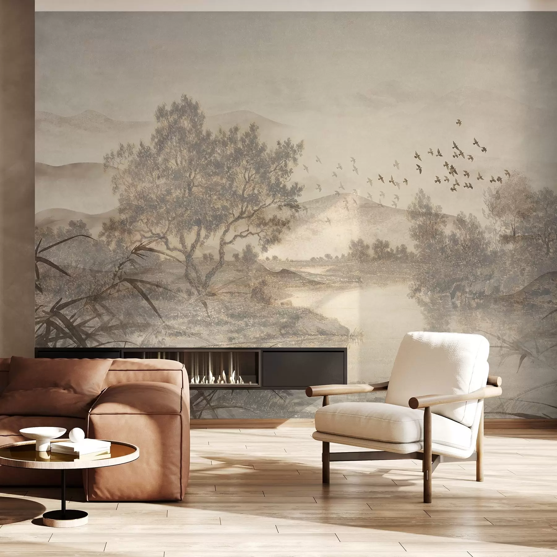 wall murals Textured vintage landscape with a tree near river and a cloudy sky, nature art in sepia tones w08920