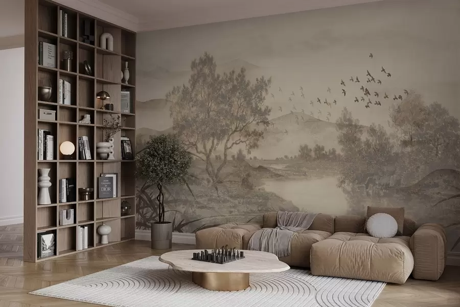 wall murals Textured vintage landscape with a tree near river and a cloudy sky, nature art in sepia tones w08920