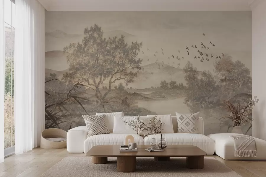 wall murals Textured vintage landscape with a tree near river and a cloudy sky, nature art in sepia tones w08920