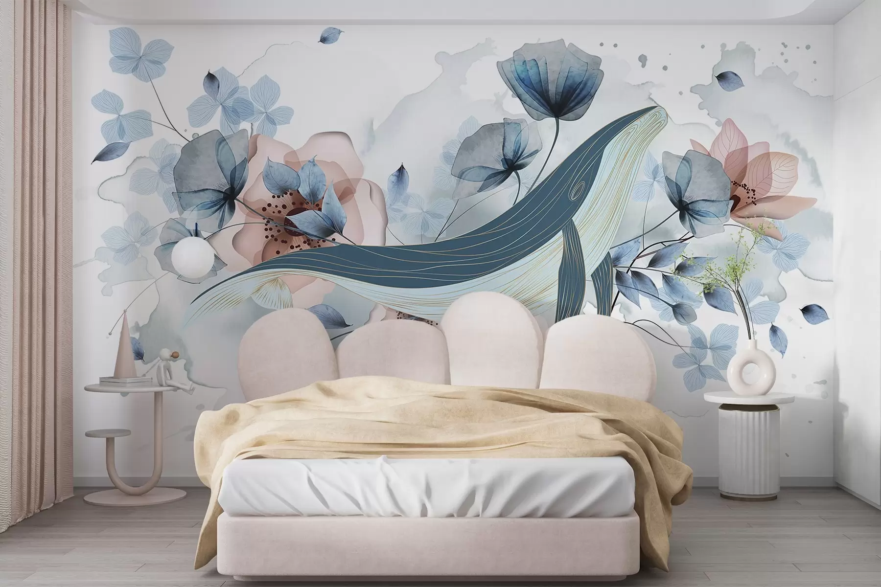 wall murals A blue whale with flowers, watercolor style, light blue and pink colors, light background w08922