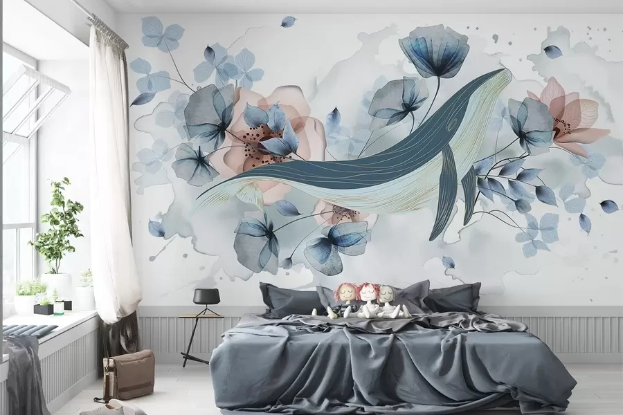 wall murals A blue whale with flowers, watercolor style, light blue and pink colors, light background w08922