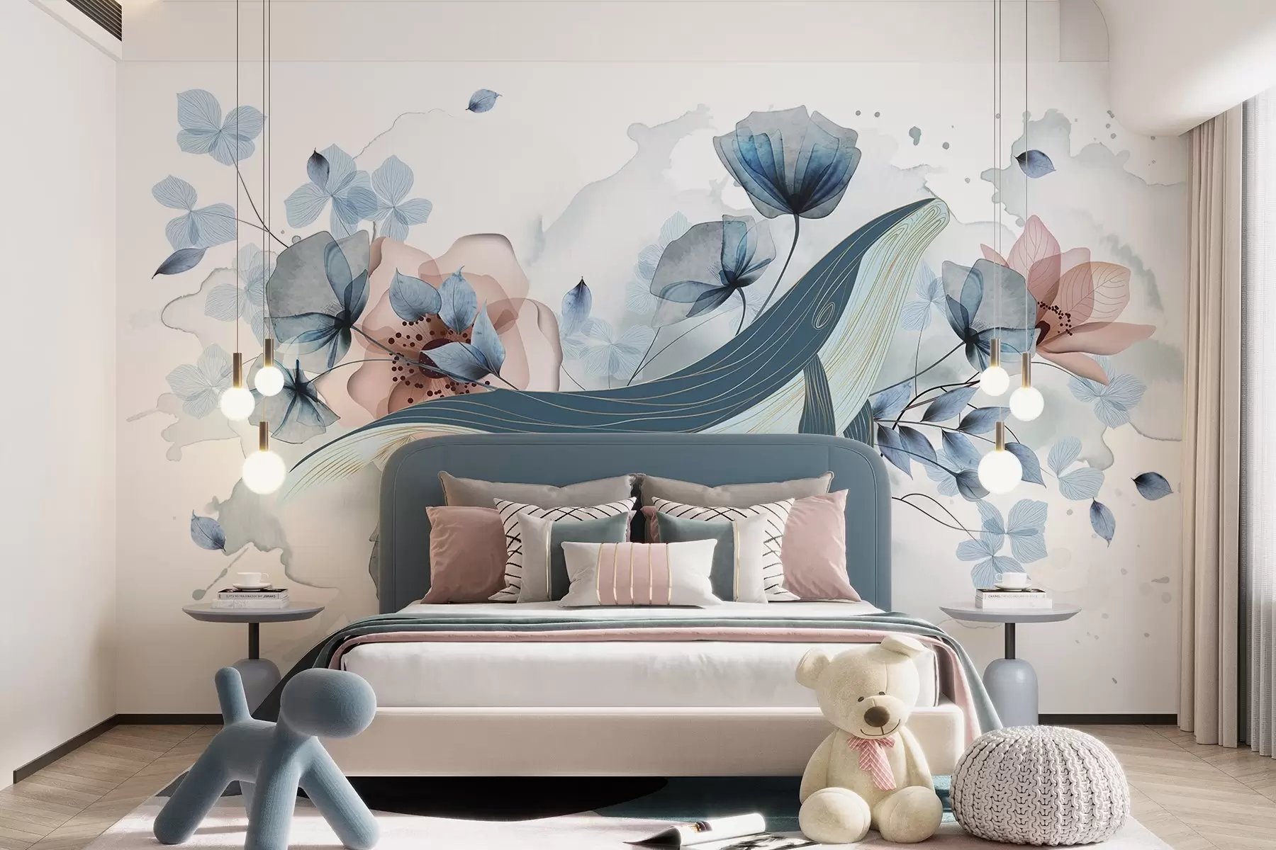 wall murals A blue whale with flowers, watercolor style, light blue and pink colors, light background w08922