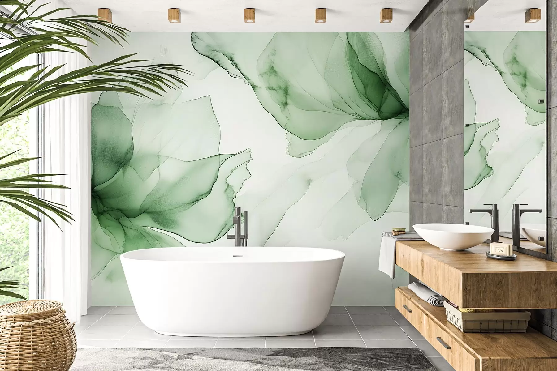 wall murals Fluid style flowers, floral abstraction, watercolor, green color palette w03406