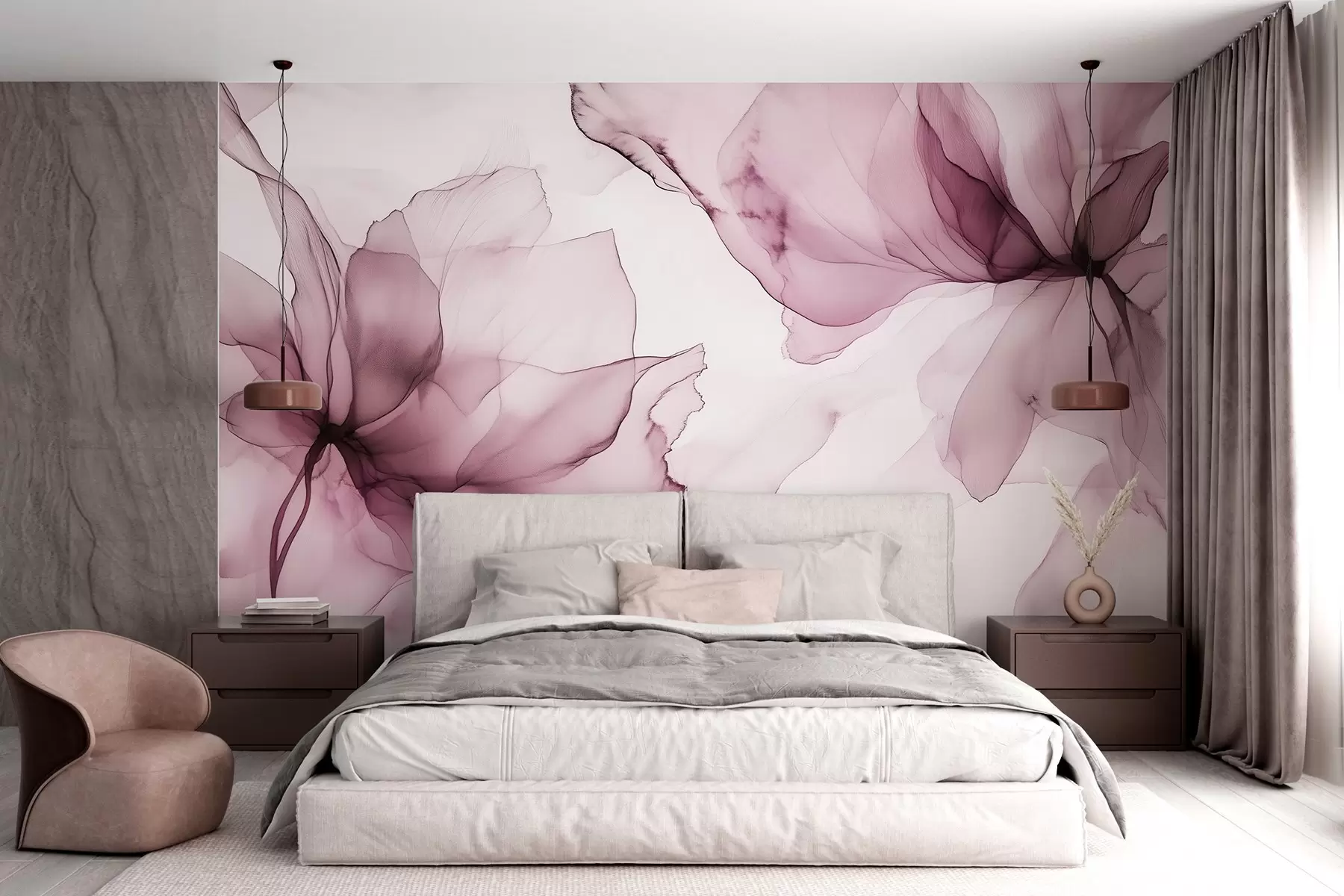 wall murals Fluid style flowers, floral abstraction, watercolor, pink color palette w03406v1