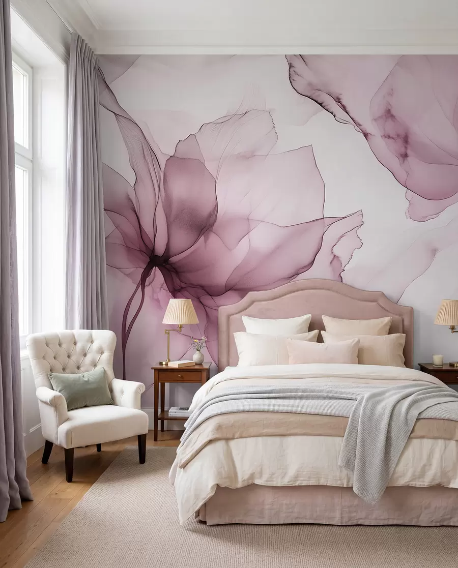 wall murals Fluid style flowers, floral abstraction, watercolor, pink color palette w03406v1