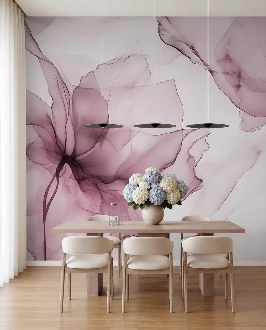 wall murals Fluid style flowers, floral abstraction, watercolor, pink color palette w03406v1