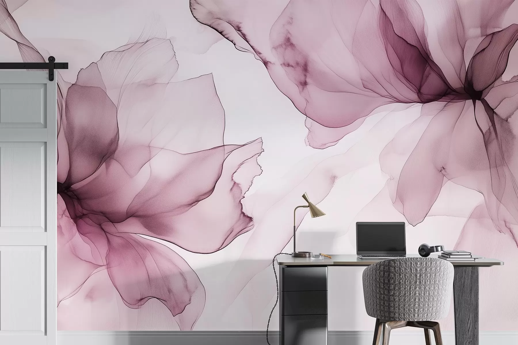 wall murals Fluid style flowers, floral abstraction, watercolor, pink color palette w03406v1