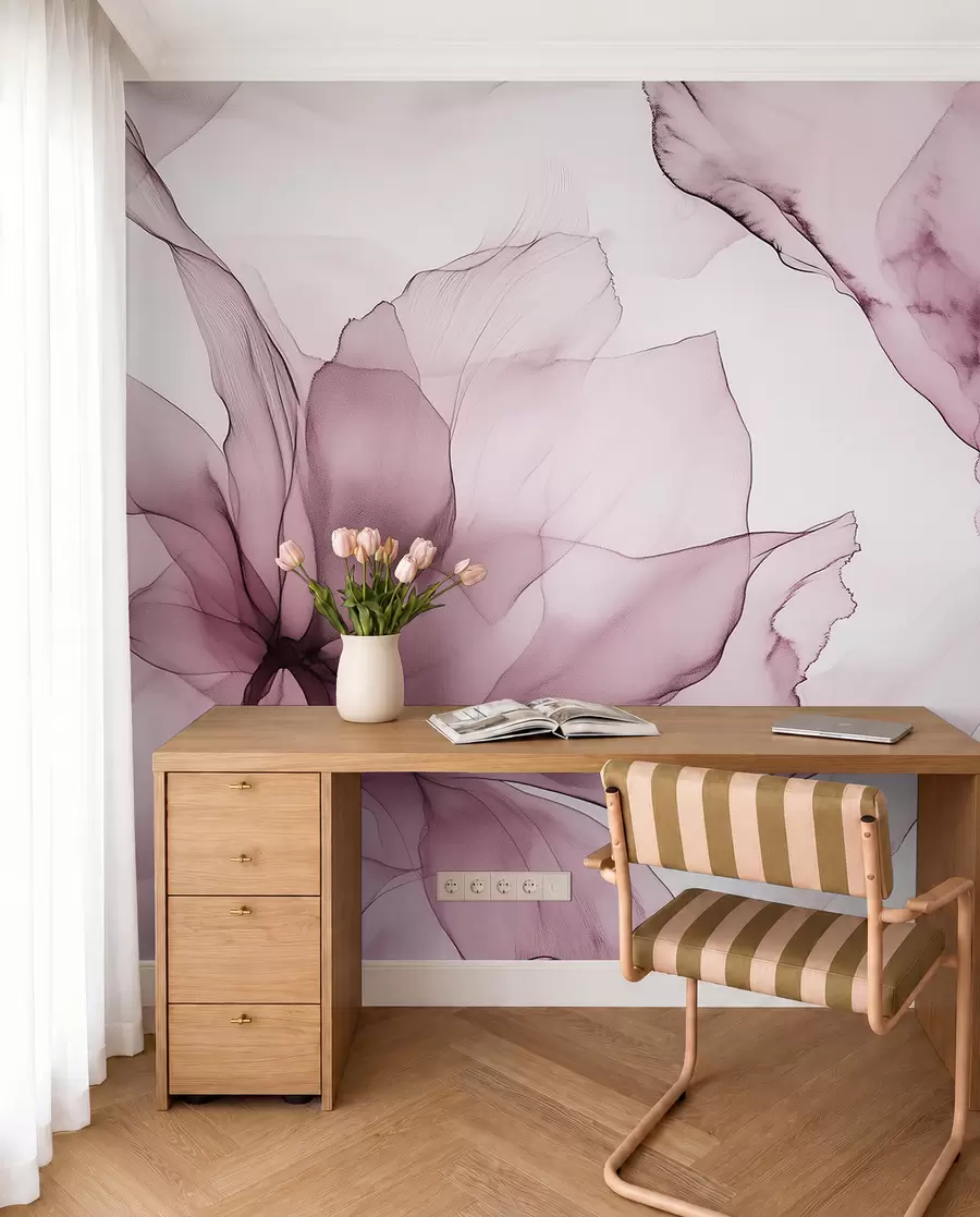 wall murals Fluid style flowers, floral abstraction, watercolor, pink color palette w03406v1