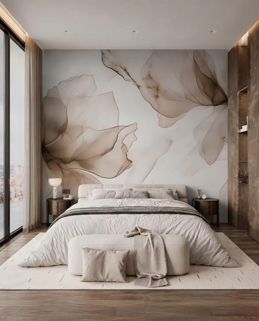 wall murals Fluid style flowers, floral abstraction, watercolor, beige color palette w03406v3
