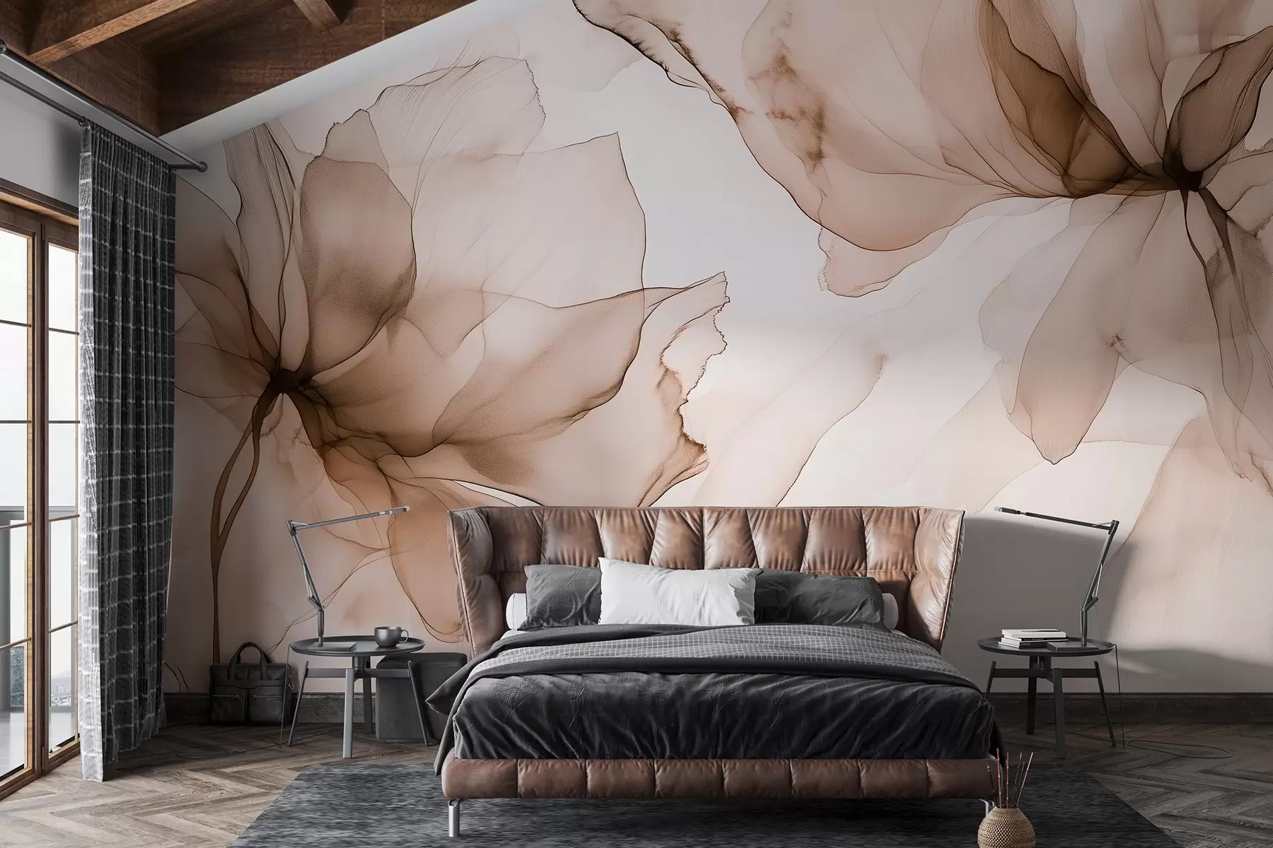 wall murals Fluid style flowers, floral abstraction, watercolor, beige color palette w03406v3