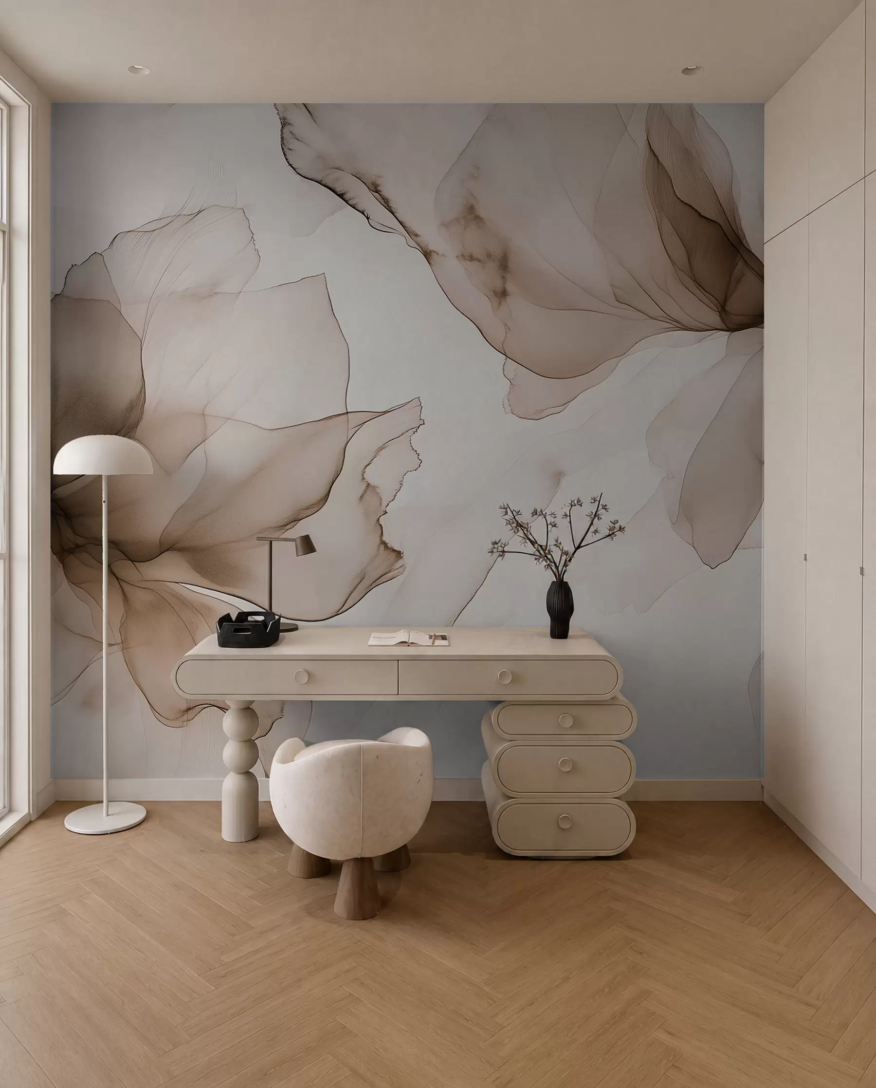 wall murals Fluid style flowers, floral abstraction, watercolor, beige color palette w03406v3