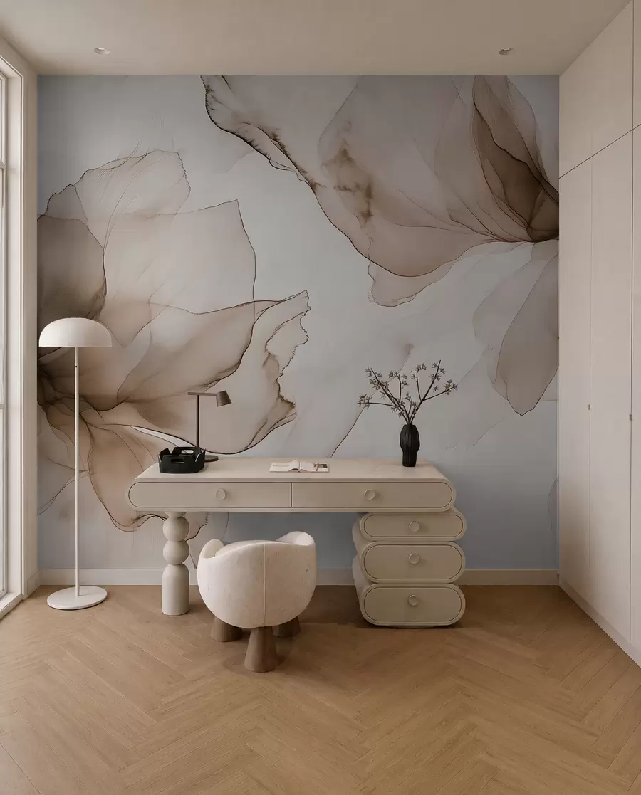 wall murals Fluid style flowers, floral abstraction, watercolor, beige color palette w03406v3