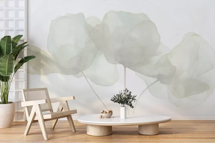 wall murals Beautiful flowers, soft pastel, minimalism, natural, rustic, beige and green w03407