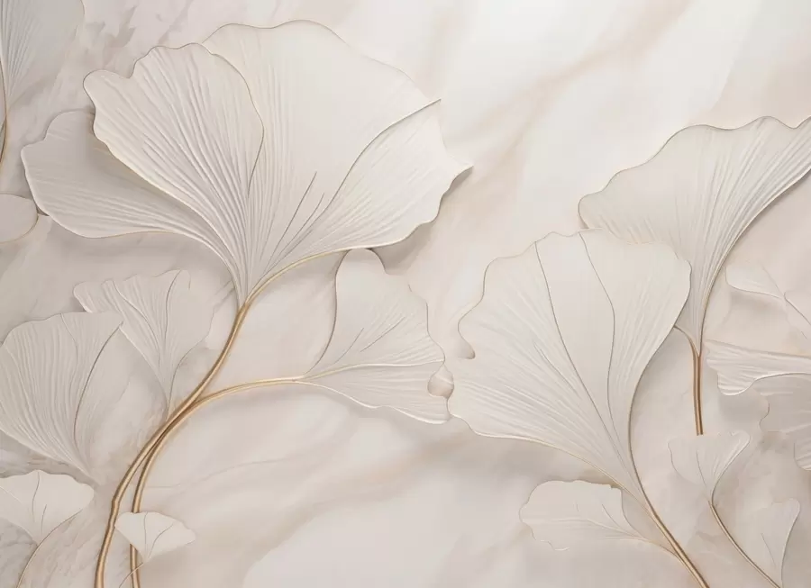 wall murals Pastel leaves on a marble background in beige tones w03440v1
