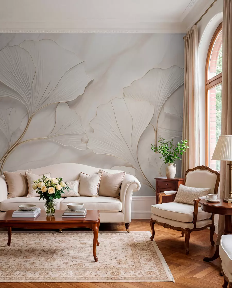 wall murals Pastel leaves on a marble background in beige tones w03440v1