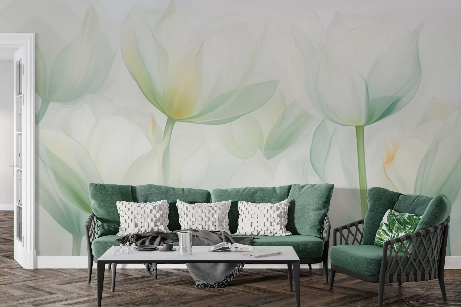 wall murals Delicate green tulips w03442