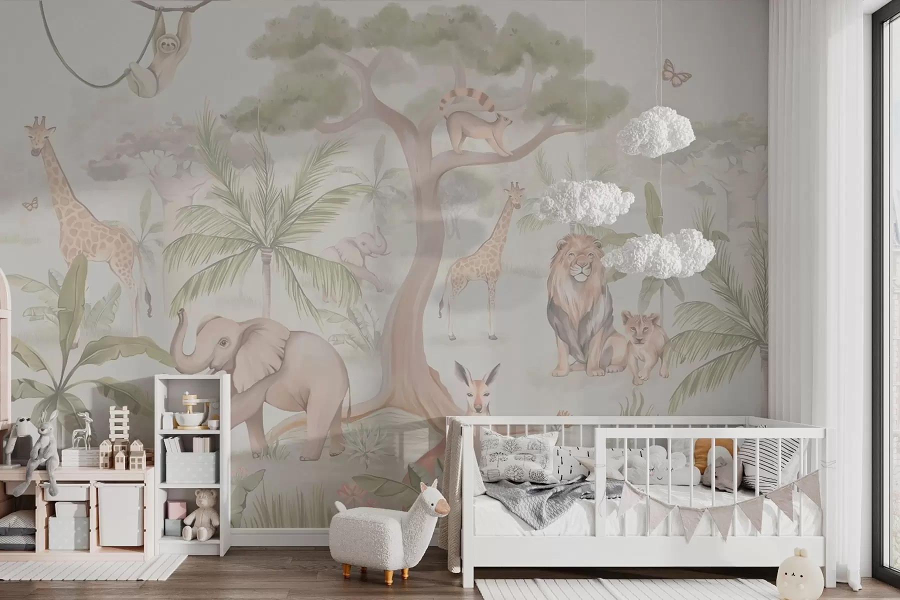 wall murals Panorama of jungle with animals in light colors w03444v1