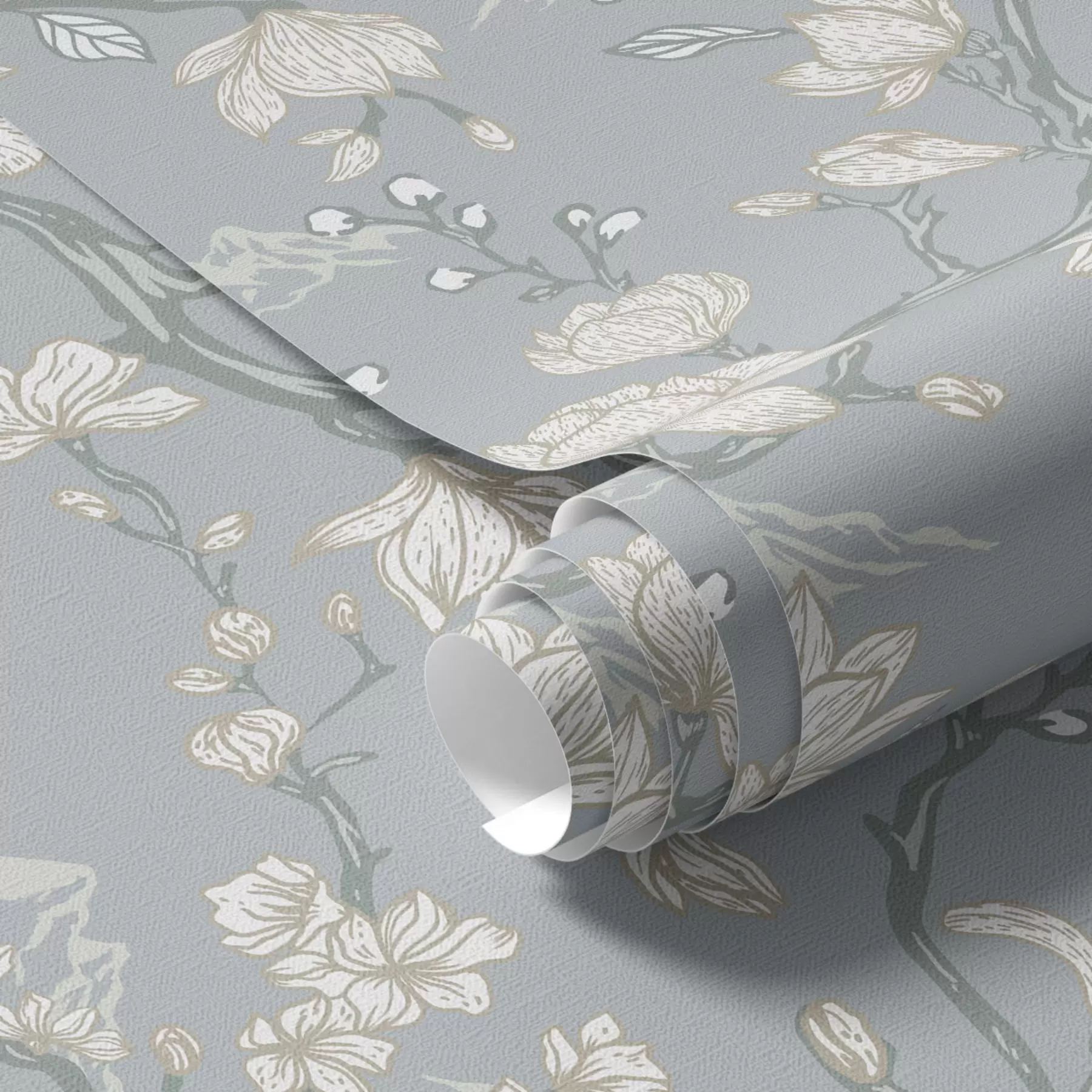 wall murals White flowers on branches and mountains on a blue background a00021
